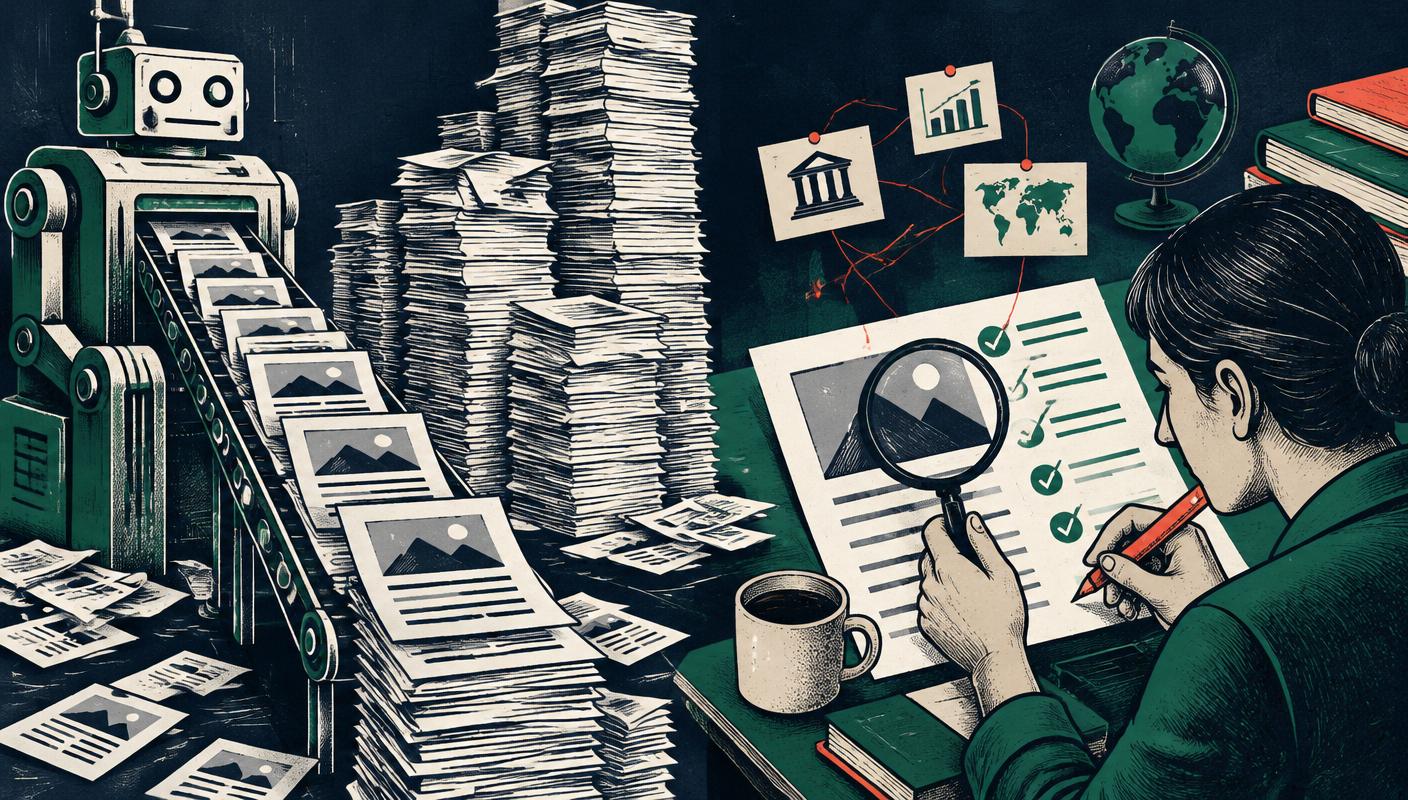 An AI machine produces stacks of duplicate articles while a human editor checks facts and sources on one page