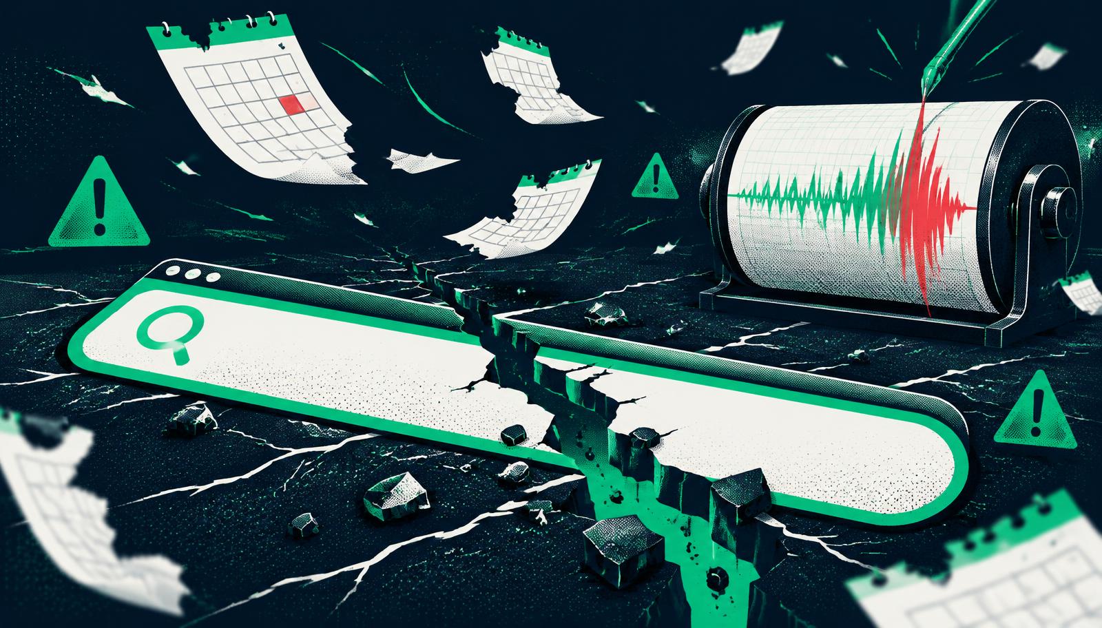 Illustration of a search bar cracking like a fault line while a seismograph spikes and calendar pages fly: a big Google update approaching