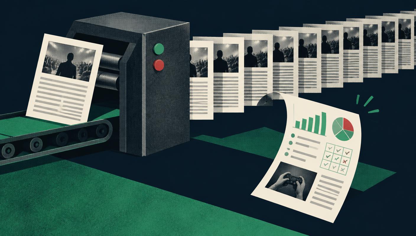 A duplication machine produces generic articles while one original iGaming analysis adds data and testing