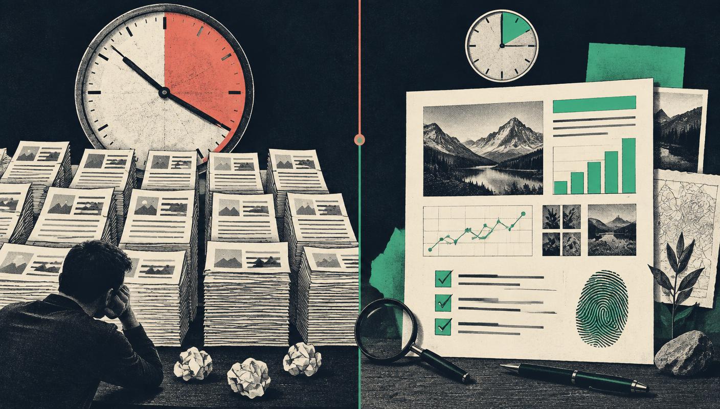 Many repetitive pages and a large clock compared with one evidence-rich article produced in less time