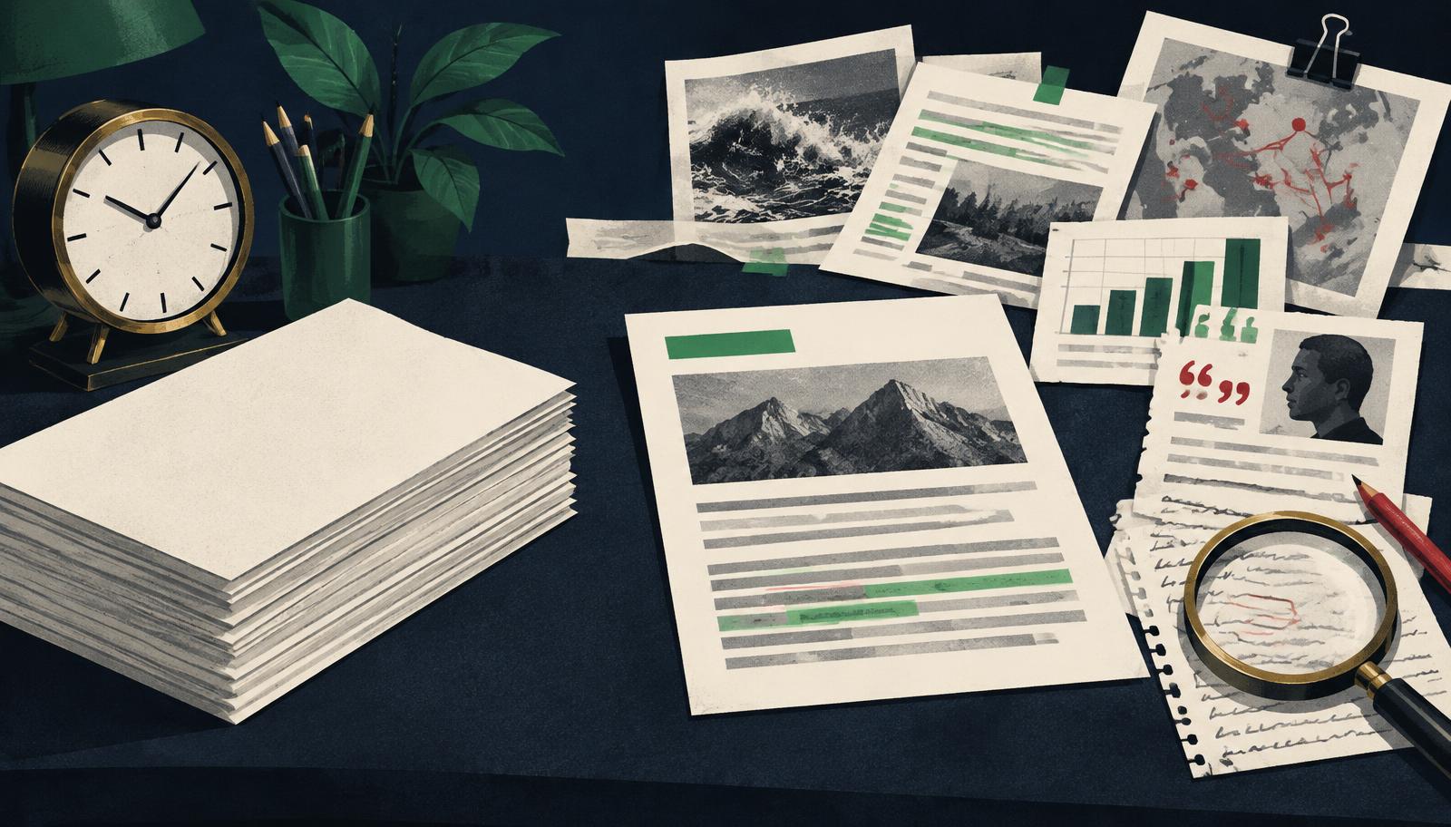 A clock and blank pages contrasted with an article surrounded by research, data, sources and first-hand evidence