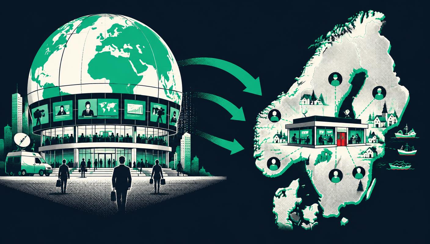 A global media headquarters whose model is carried over to a small local newsroom on a map of Scandinavia