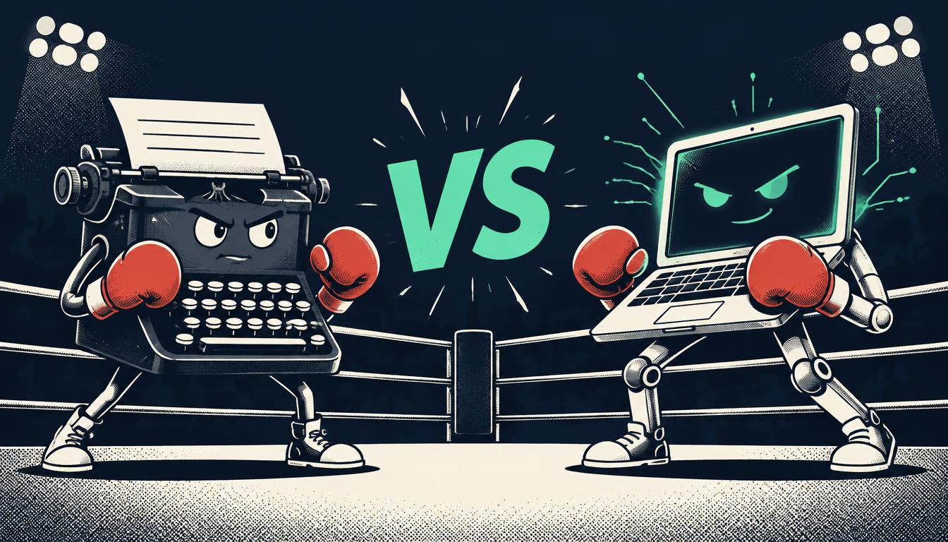 Illustration of a typewriter and a laptop facing off in a boxing ring: human-written vs AI content