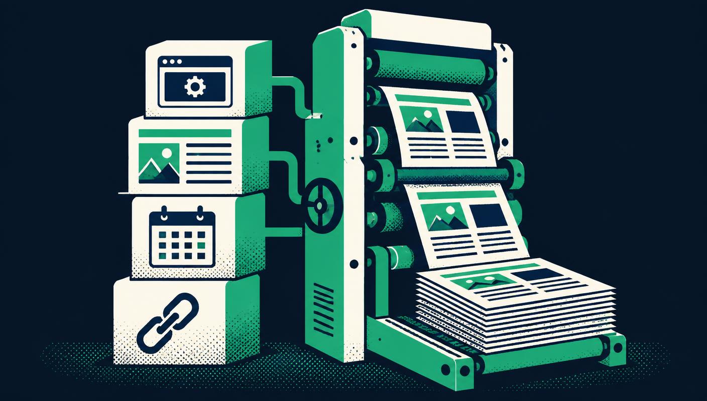 Ordinary building blocks — a CMS, a news theme, a publishing calendar and links — feeding a printing press