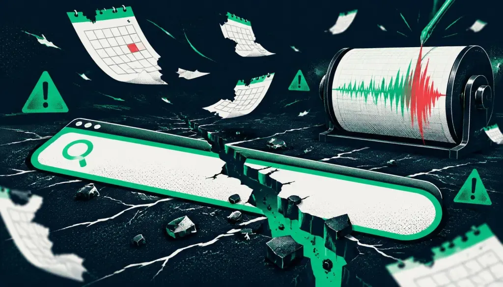 A cracked search bar beside a seismograph spike and torn calendar pages before a Google update