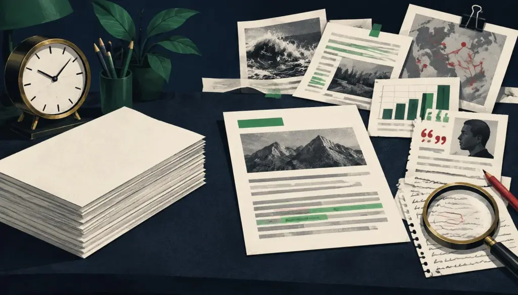 A plain stack of pages next to an article built from photos, data charts, quotes and research notes