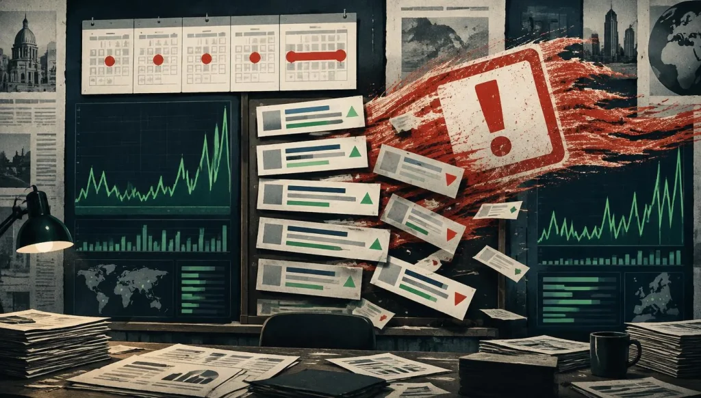 Ranking dashboards with a red warning sign tearing through them, beside a calendar of update dates
