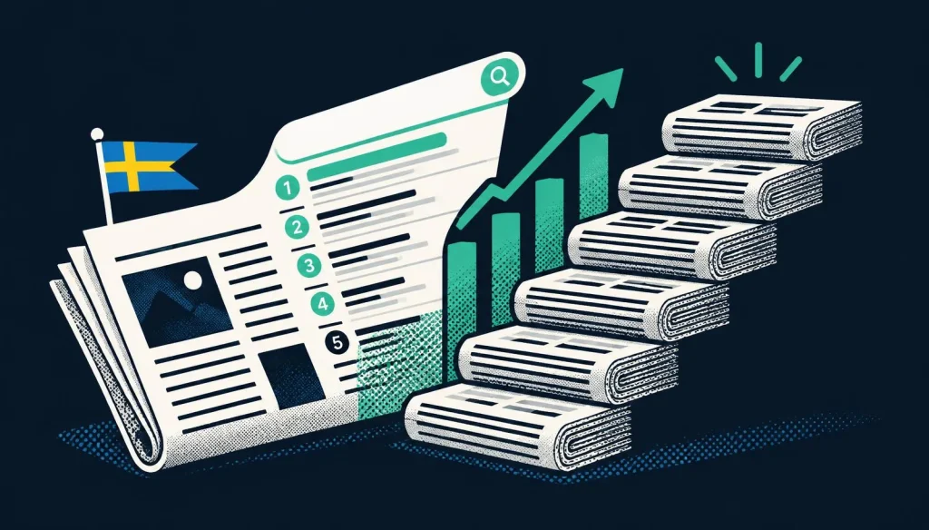 A Swedish news site climbing to the top five results, with stacked newspapers rising like stairs