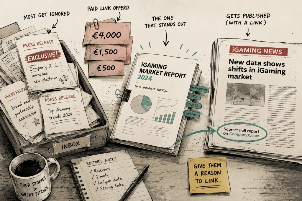 Ignored press releases and paid link offers beside a market report that earned a linked news story