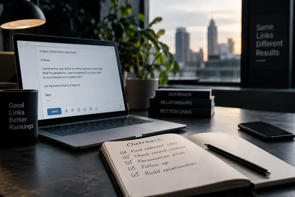 A laptop with an outreach email, a notebook checklist and a mug saying Good Links Better Rankings