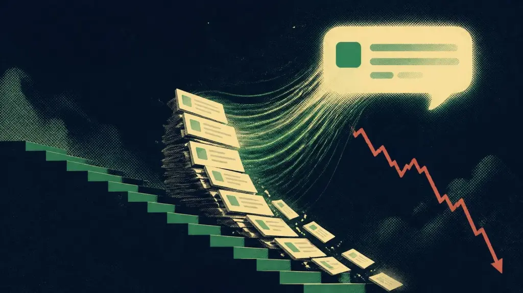 Search result cards slide down a staircase toward a glowing AI answer bubble while a red line chart falls