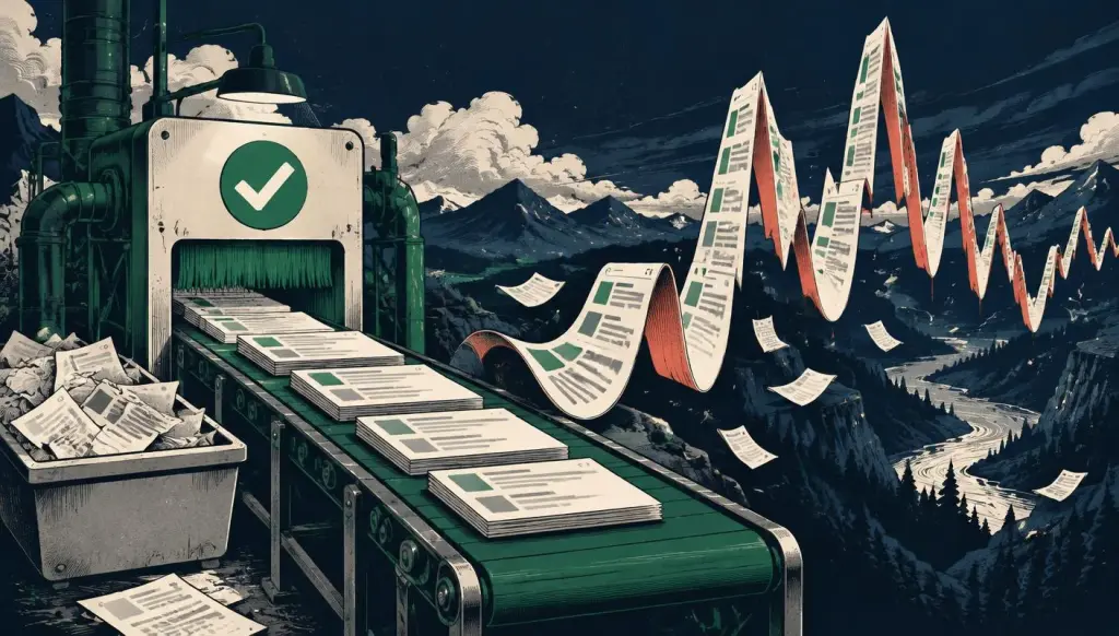 Pages leave a spam filter with a green check while a jagged ranking line keeps swinging behind them